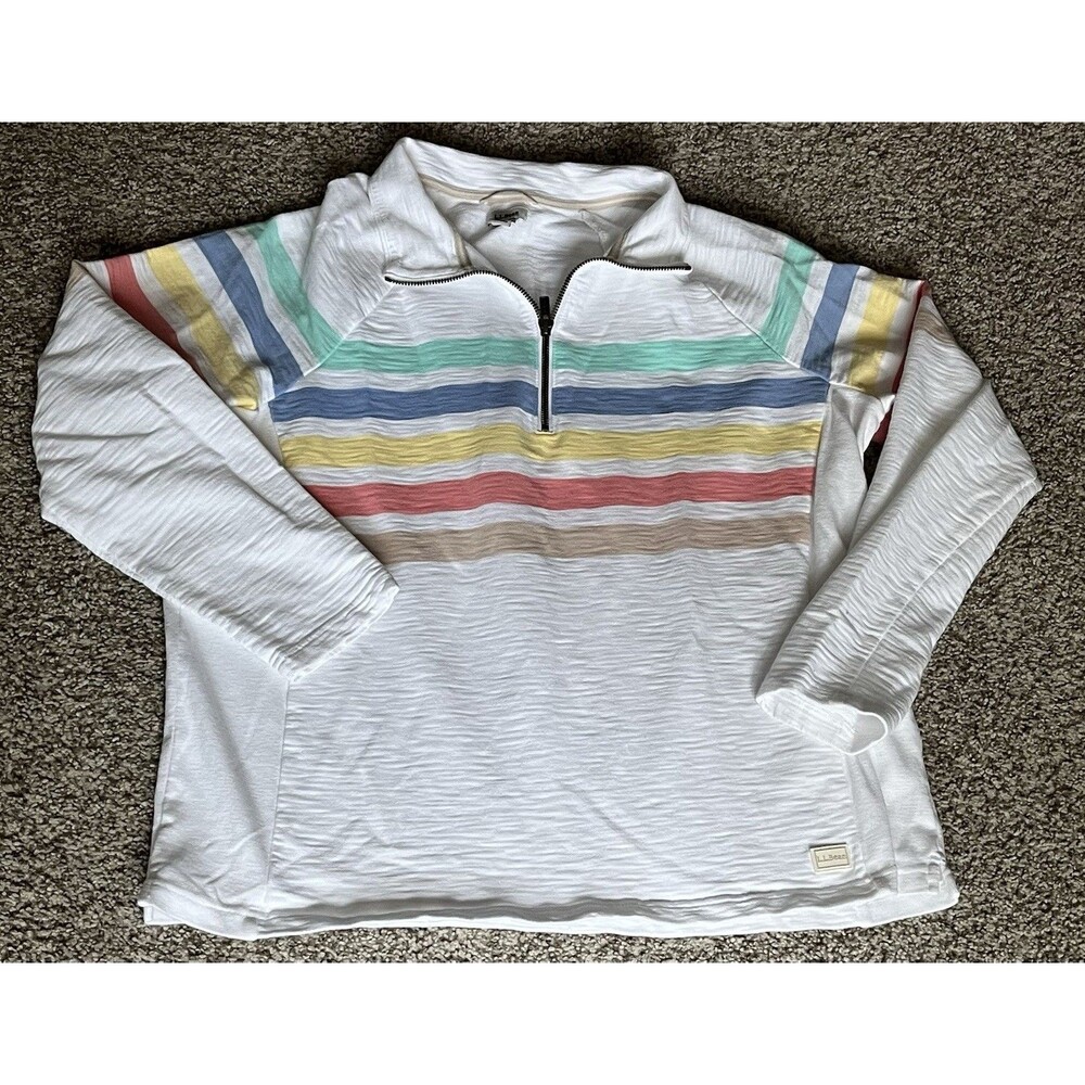 Women's L.L. Bean Striped White Quarter Zip Sweatshirt, Size 1X